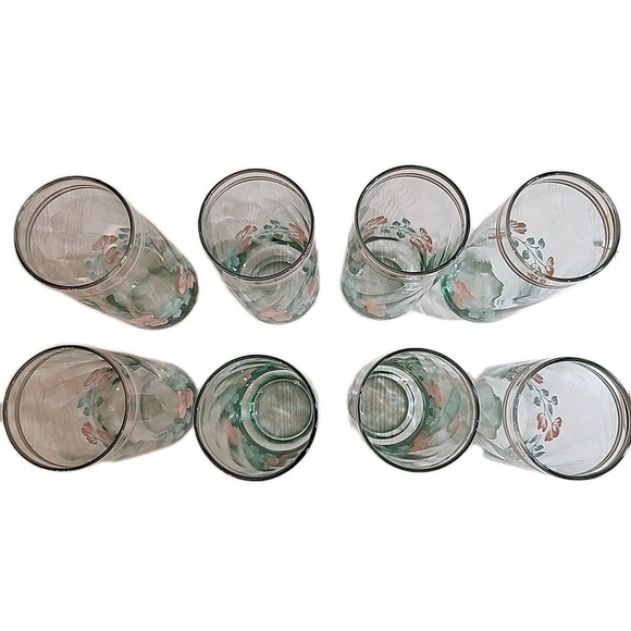 Vintage Libbey GreenTinted Glass w/PeachFlowers -Set of 8- 6in. Tall - Picture 3 of 4